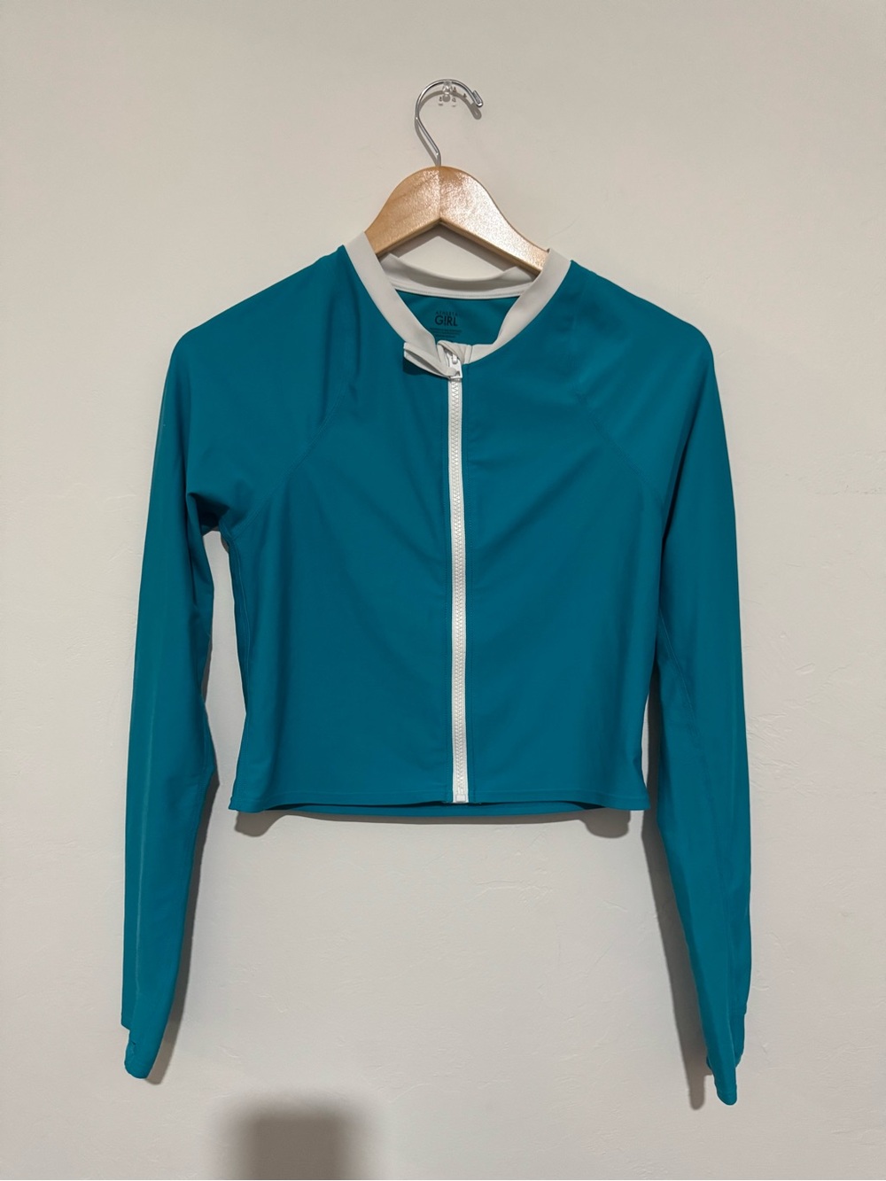 Athleta Girl Rashguard Shirt Girls XXL 16 Blue & White Long Sleeve Swim Top Zips